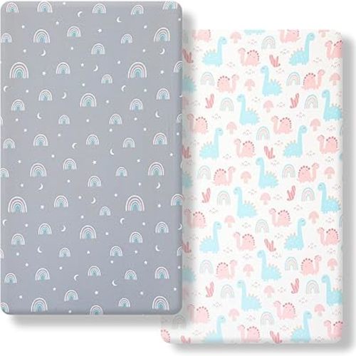 Super Soft Stretch Knit Crib Sheet Fitted Sheet Set 2 Pieces Fits All Standard Crib Mattresses for Boys Girls Microfiber (52"x28") (Rainbow & Dinosaur)