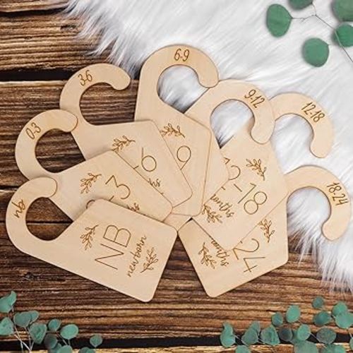 Baby Closet Dividers for Clothes Organizer - Set of 7 Adorable Wooden Double-Sided Baby Clothes Size Hanger Organizer from Newborn to 24 Months for Nursery Beautiful Decor