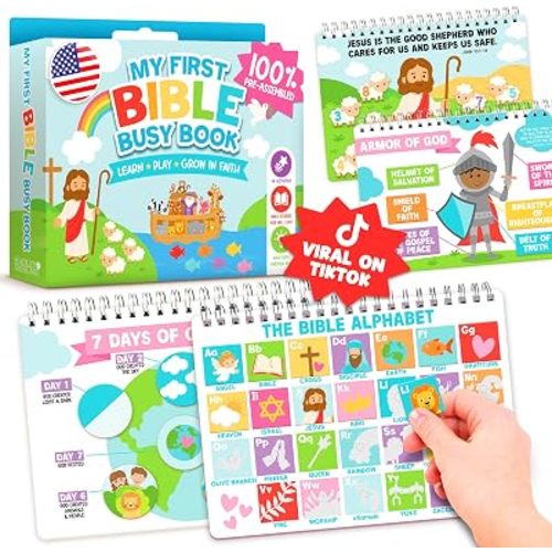 Hadley Designs My First Bible Busy Book Toddlers 3-5, Montessori Preschool Learning Activities Age 4-5, 152 Pcs Velcro Bible Activity Book, Church Quiet Activities for Kids, Noahs Ark Toys for Toddler
