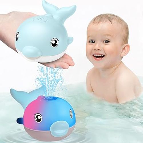 Bath Toys, Light Up Dolphin Baby Bath Toys for Babies 6-12 12-18 Months, Rechargeable Sprinkler Musical Toys, Easter Basket Stuffers Bathtub Toys for Toddlers 1-3 2-4 Boys Girls Infant Kids- Blue