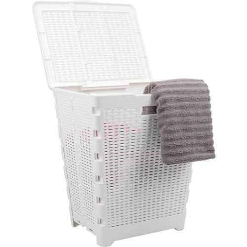 Mind Reader 61L Foldable Laundry Hamper, Clothes Basket, Lid, Wicker Design, Plastic, 18"L x 14.5"W x 21.25"H, White