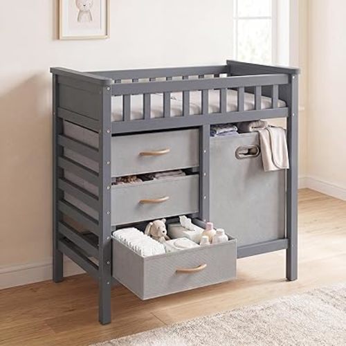INFANS Wooden Baby Changing Table with Comfy Changing Pad, 3 Fabric Drawers, Laundry Hamper, Safety Belt, Diaper Station Dresser for Nursery Infant (Gray)