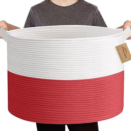 Large Red Baskets for Storage, 22x14 Wicker Woven Storage Basket, Blanket Organizer, Kids Toy Bin Box, Bathroom Beach Towel Basket, Basket for Gifts Decor, Fireplace Living Room Decoration