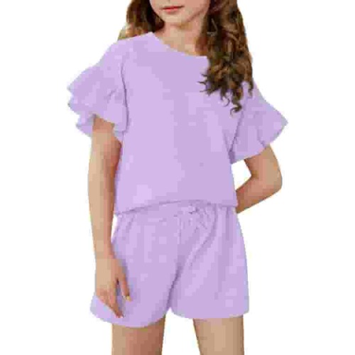 Girls' Summer Outfit Ruffle Sleeve Top and Elastic Waist Shorts Clothing Set Lightweight Casual Two Piece 04-Purple 8-9 Years
