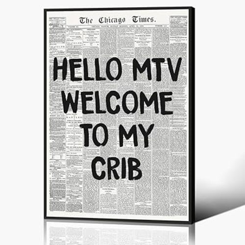 Hi MTV, Welcome To My Crib Newspaper Canvas Wall Art, Vintage Black and White News Poster, Trendy 70's Room Aesthetic Poster for Wall, Typography Print Art for Bedroom 24x36in Framed