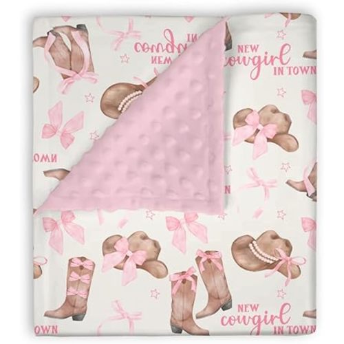 Mink Baby Girl Blanket Western New Cowgirl in Town, Pink Bow Ribbon Boot Hat Soft Double Layer Dotted Backing Receiving Swaddle, Newborn Infant Toddler Nursery Crib Bedding Shower Gift 30 x 40