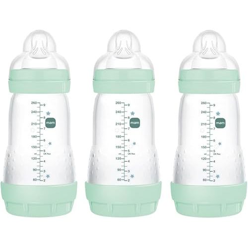 MAM 9oz Easy Start Anti-Colic Baby Bottles, Medium Flow, Breastfeeding-Like Silicone Nipple, Reduces Colic, Gas, & Reflux, Easy-to-Clean, BPA-Free, Baby Bottles for Newborns, 2+ Months