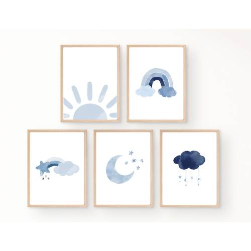 Blue Boho Boy Nursery Wall Art, Baby Boy Wall Art, Sun, Moon, Cloud, Rainbow, Boy Nursery Decor, Nursery Wall Art Boy, Nursery Prints Boy
