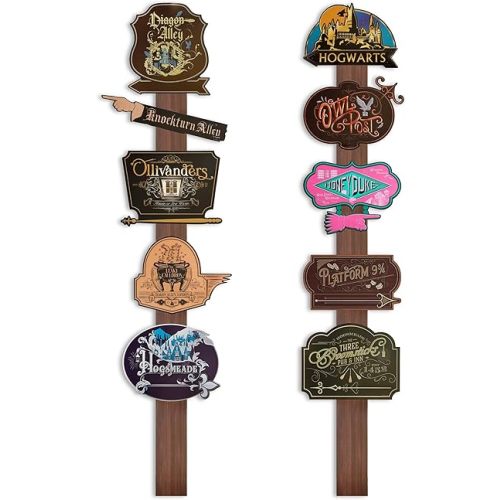 Conquest Journals Harry Potter Wizarding World Directional Sign Set, Officially Licensed, 12 Pieces, 10 6'' x 9'' Location Signs & 2 48'' Posts, Cardstock, Party Decorations or Home Decor