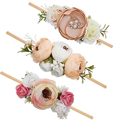 mligril Baby Girl Floral Headbands- 3pcs Nylon Headband Handmade Flower Crown Elastic Hairband Newborn Toddler Hair Accessories Gifts for Girls (1-6 years old)