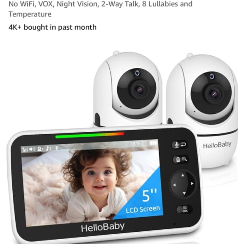 HelloBaby Upgrade 5’’ Baby Monitor with 26-Hour Battery, 2 Cameras Pan-Tilt-Zoom, 1000ft Range Video Audio Baby Monitor No WiFi, VOX, Night Vision, 2-Way Talk, 8 Lullabies and Temperature