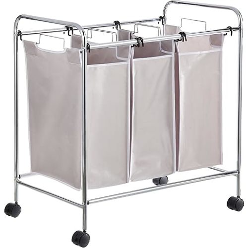 Amazon Basics 3-Bag Rectangular Laundry Bag Hamper Sorter Basket, Gray