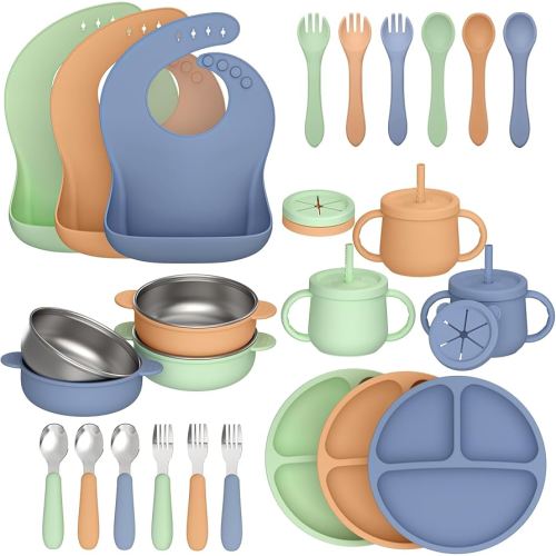 27 Pack Silicone Baby Feeding Set, Hepotk BPA-Free Food Grade Baby Feeding Essentials Utensils, Second Stage Baby Food Eating Utensils, Set of 3 babies(Brown, Blue, Green)