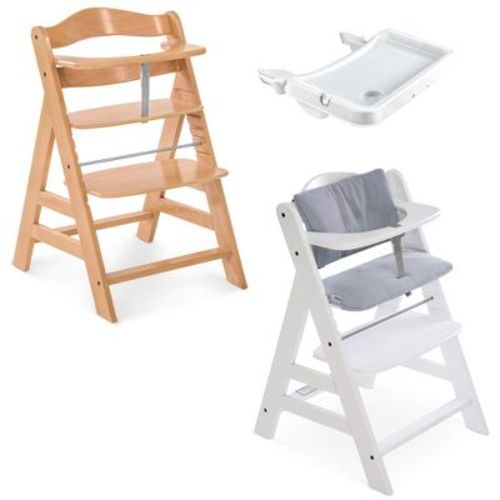 hauck Alpha+ Grow Along Wooden High Chair Seat with White Removable Tray Table and Grey Deluxe Seat Cushion Pad for Babies 6 Months and Up