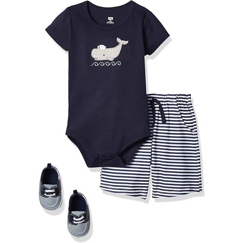 Hudson Baby Unisex Baby Cotton Bodysuit, Shorts and Shoe Set