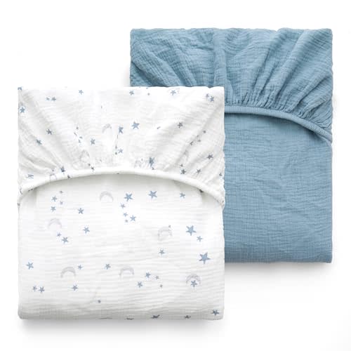 Momcozy Muslin Standard Fitted Crib Sheets, 52"x28", 2 Pack Soft Breathable Natural Cotton Baby Mattress Sheet, 360° Mattress Wrapping No Slip Boys Girls Neutral Toddler Bed Sheet, Blue Star Moon