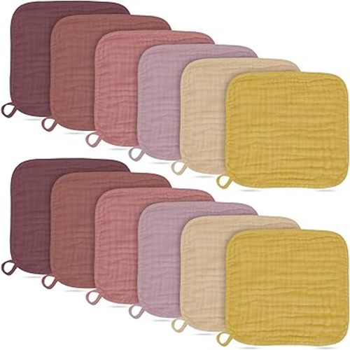 Baby Washcloths -100% Cotton Muslin Soft Baby Bath Wash Cloths and Absorbent Baby Wipes for Newborns Kids Girls and Boys - 12 Pack, 12x12 Inches - Brown, Honey, Bean Paste Series