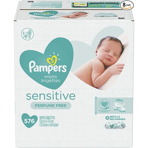 Baby Wipes, Pampers Sensitive Water Based Baby Diaper Wipes, Hypoallergenic and Unscented, 8 Refill Packs (Tub Not Included), 72 each, Pack of 8 (Packaging May Vary) - 576 Count (Pack of 1) - Refill Wipes