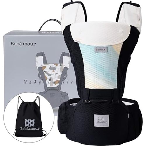 Bebamour Baby Carrier Newborn to Toddler-Baby Hip Carrier Front and Back Carry with Head Hood & 3 Pieces Teething Pads& Waist Extenders & Storage Bag (New Black)