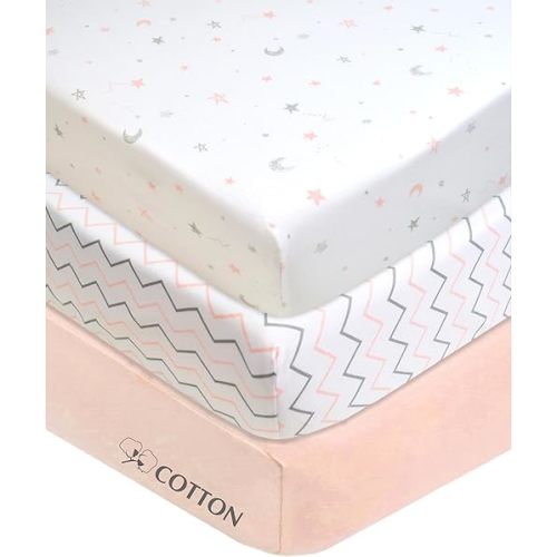 American Baby Company 3 Pack Fitted Mini Crib Sheet 24" x 38", Soft Breathable Neutral 100% Cotton Jersey Portable Sheet, Pink Star/Zigzag, for Boys and Girls, Fits Most Pack N Play Mattresses