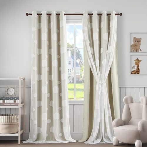 Beige Light Blocking Curtains with Sheer Overlay for Living Room Mix and Match Double Layer Window Panels 95 Inch for Bedroom Grommet Top, W52 X L95
