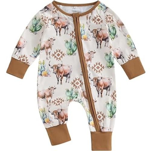 Lamuusaa Western Baby Girl Boy Clothes Long Sleeve Cow Print Romper Zipper Bodysuit Jumpsuit One Piece Fall Winter Outfit
