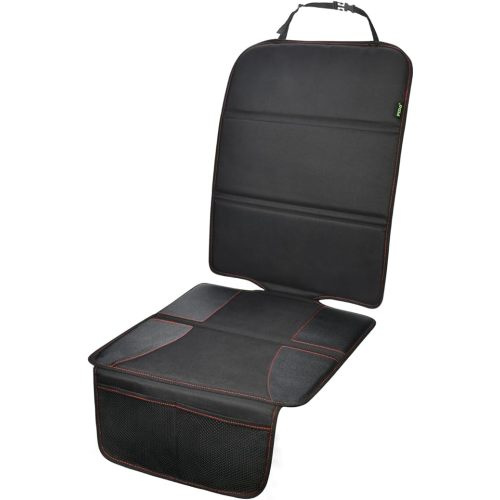 Car Seat Protector Under Baby Car Seat, Car Seat Mat for Leather Seats, Seat Protector Carseat with Thick Padding and Storage Pockets to Protect Vehicle Cloth and Leather Upholstery - Black with red stitching