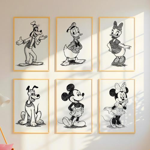 Set of 6 Mickey Mouse & Friends Line Art Wall Art, Disney Wall Art, Boy Bedroom Decor, Girls Bedrooms Decor, Kids Prints, Digital Download