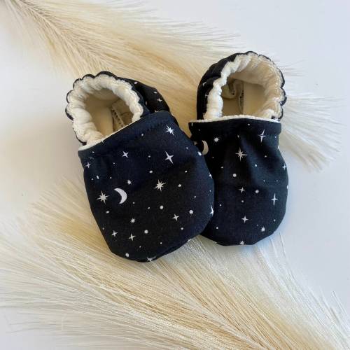 Night sky baby shoes, crib shoes, baby moccasins, baby shower gift, moon and stars, toddler slippers, black and white, gender neutral
