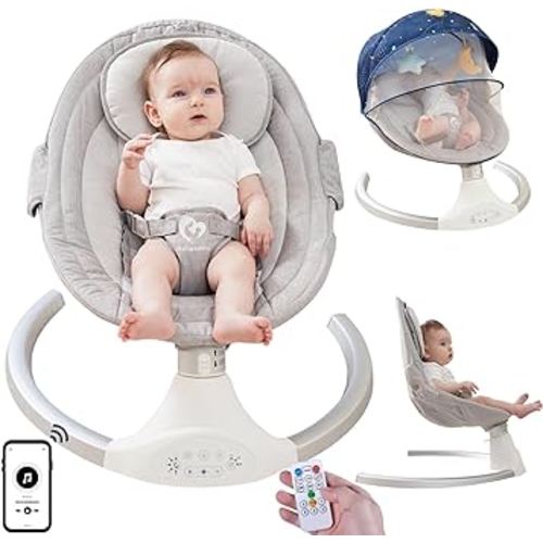 Bellababy Bluetooth Baby Swing for Infants, Compact & Portable Baby Bouncer, 3 Seat Positions, 5 Speed, 10 Lullabies, Remote Control, USB Plug-in Power, Indoor/Outdoor Baby Rocker, Boy/Girl Gray