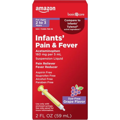 Amazon Basic Care Infants' Pain & Fever, Pain Reliever, Fever Reducer, Acetaminophen 160 mg per 5 mL, Dye-Free Cherry Flavor, 2 fl oz (1-Pack)