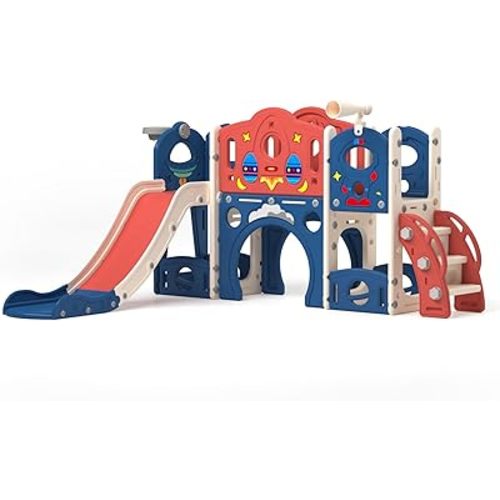 9-in-1 Castle Amusement Playground Playhouse, Indoor Outdoor Playset for Toddlers Age 1-3, Backyard Climber Play Set Slide for Kids Baby (Blue)