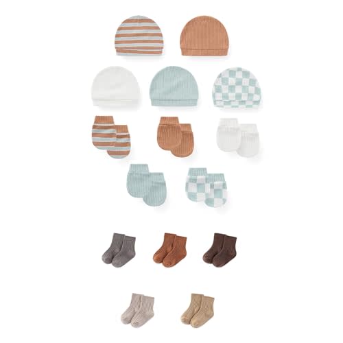 JELYLOVE 15 Pack Unisex New Born Boy Girls No Scratch Mittens Sets Cotton Soft Baby Gloves Hats socks Accessory 0-6 Months
