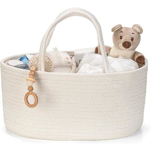 Diaper Caddy Organizer, Empty Gift Basket for Newborn Essentials, Baby Storage Basket, Stylish Gift Bag for Baby Shower, Boys and Girls – Small, Off White