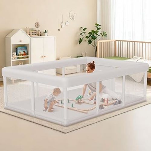 Baby Playpen 74"x50" Play Pens for Babies and Toddlers, Large Play Yards for Indoor & Outdoor with Zipper Gates, Breathable Mesh with Anti-Slip Base