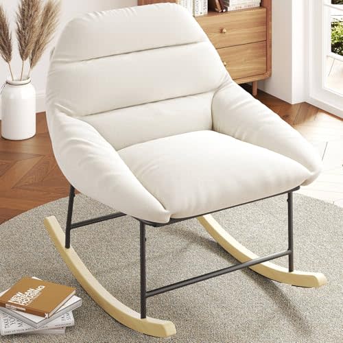 Vesgantti Rocking Chair Nursery, Sherpa Fleece Upholstered Glider Chair with High-Back, Accent Chair Modern Comfy Reading Chair for Living Room Bedroom Offices, Beige