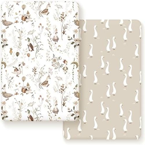 Stretchy Ultra Soft Jersey Knit Fitted Pack n Play Sheets 2 Pack, Portable/Mini Crib Sheets for Boys and Girls, Universal Fit for Pack N Plays Safe and Snug, Happy Farty