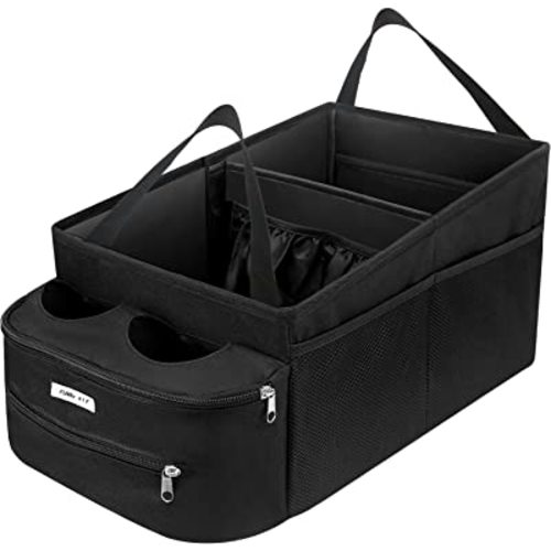 FUNNy elf Passenger Seat Organizer, Collapsible Car Storage with Partitions & 4 Cup Holders for Front or Back Seat