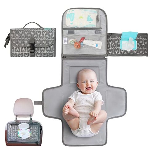 Portable Diaper Changing Pad, Portable Changing pad for Newborn Girl & Boy - Baby Changing Pad with Smart Wipes Pocket – Waterproof Travel Changing Kit - Baby Gift by Kopi Baby - Grey Arrow - Gray Arrows - Classic