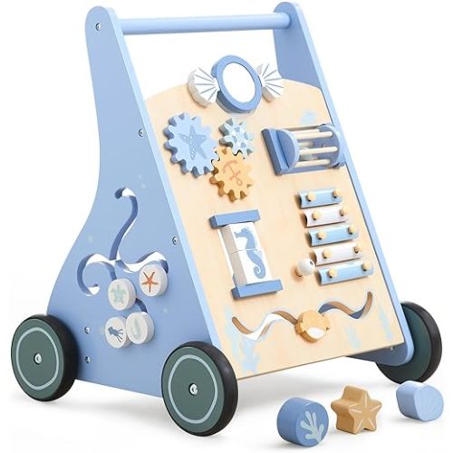 Beright Wooden Baby Walker Push and Pull Learning Activity Walker Kids’ Activity Toy Multiple Activities Center Develops Motor Skills & Stimulates Creativity, Blue