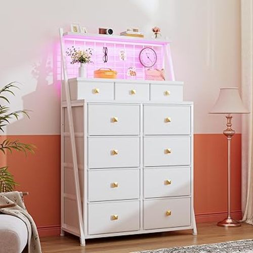 EnHomee 51" H White Tall Dresser for Bedroom with 11 Fabric Drawers & LED Lights, Dressers & Chests of Drawers for Bedroom, Living Room, Closet, Wooden Top, Steel Frame, White