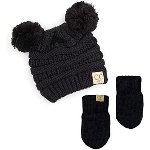 Funky Junque Knit Infant Double Pom Pom Beanie and Matching Fleece Lined Soft Mittens Set for Baby Newborn Boy Girl