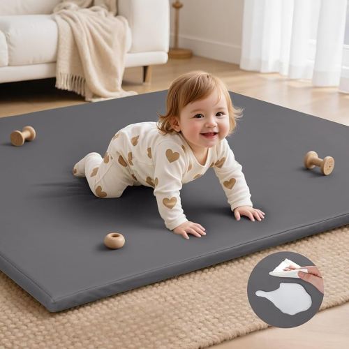 Baby Play Mat for Floor,Waterproof 50 x 50 Playpen Mat,Non-Slip Leather&Thick Foam Rug,Removable Cover,Easy Care Crawling Mat for Kids,Yoga Mat(Grey)