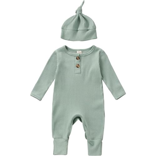 Newborn Baby Boy Girl Clothes Infant Ribbed Romper Solid Long Sleeve Knit Bodysuit Jumpsuit Hat Coming Home Outfit