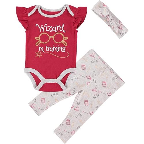 Harry Potter Baby Girls Clothing 3-Piece Set with Bodysuit, Leggings, and Headband Gifts for Baby Girls