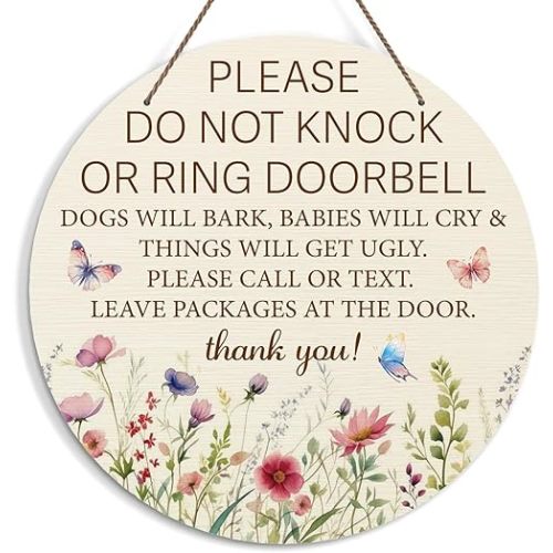 Baby Sleeping Sign for Front Door, Do Not Knock or Ring Doorbell Door Decorations, Wildflower Wooden Hanging Sign for Home Nursery, No Soliciting Door Hanger for Outdoor, Kids Room Wall Decor -43