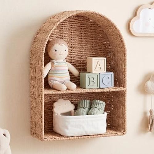 Rattan Wall Shelf for Boho Nursery Decor 2 Tier Arch Hanging Storage Basket Natural Wicker Floating Rack for Books Toys Stuffed Animal Organizer(Natural Brown)