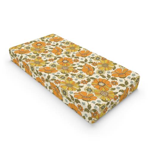 Retro flowers Baby Changing Pad Cover 60s 70s yellow orange daisies crib sheet floral baby shower gift for newborn baby girl boy groovy