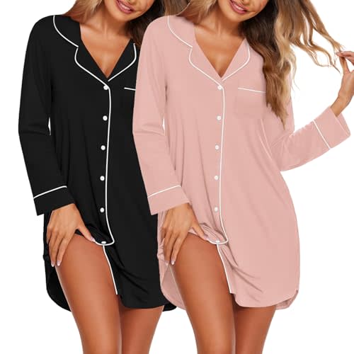 Ekouaer 2 Pack Nightgowns for Women Long Sleeve Night Shirt Button Down Sleep Shirt V-Neck Sleep Dress Pajama Sleepwear