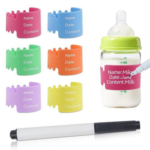 6PCS Bottle Labels Reusable, Waterproof Silicone Baby Bottle Labels for Daycare,Write and Reuse Sippy Cup Bands Baby Bottle Labels with Marker(6 Color)